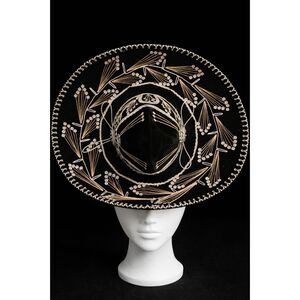 Vintage Black Velvet Embroidered Sombrero Hat –Threadwork – Paris 1900